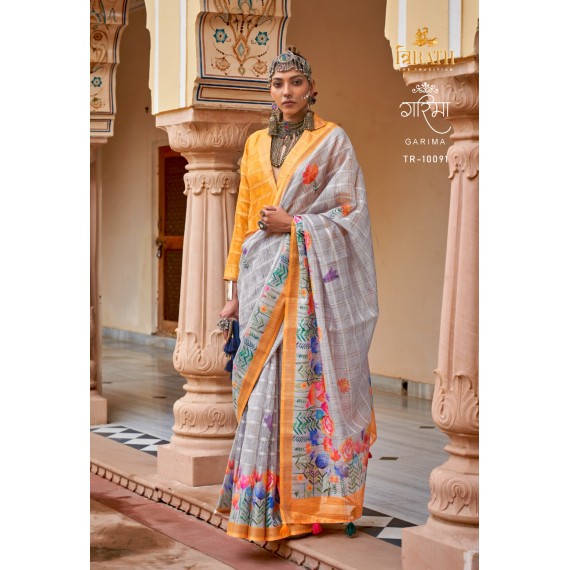 Gray Linen Kora All Over Weaved Checks Floral Print Body With Zari Border Saree