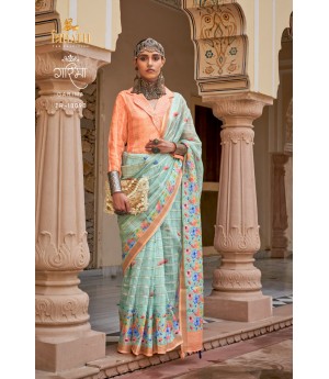 Aqua Linen Kora All Over Weaved Checks Floral Print Body With Zari Border Saree