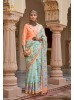 Aqua Linen Kora All Over Weaved Checks Floral Print Body With Zari Border Saree