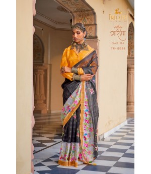 Black Linen Kora All Over Weaved Checks Floral Print Body With Zari Border Saree