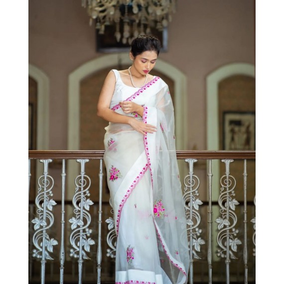 Pure White Organza Silk All Over Embroidery Work With Cutwork Border Saree