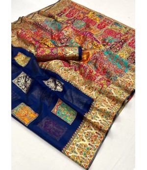 Navy Blue Kashmiri Pashmina Modal Silk Handloom Multi Color Resham Weaved Saree