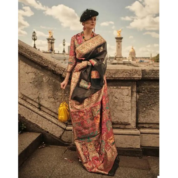 Black Kashmiri Pashmina Modal Silk Handloom Multi Color Resham Weaved Saree