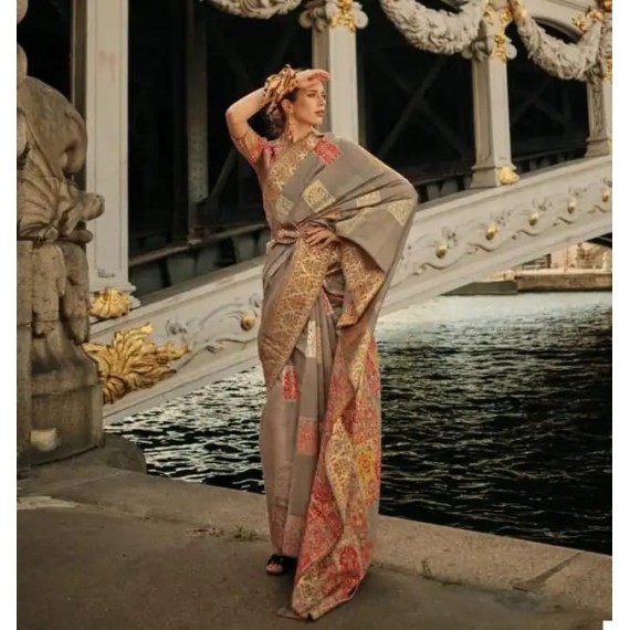 Gray Kashmiri Pashmina Modal Silk Handloom Multi Color Resham Weaved Saree