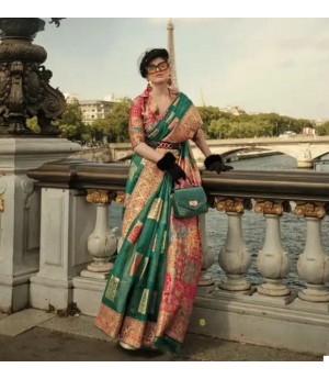 Green Kashmiri Pashmina Modal Silk Handloom Multi Color Resham Weaved Saree
