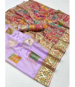 Lavender Kashmiri Pashmina Modal Silk Handloom Multi Color Resham Weaved Saree