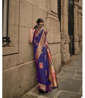 Navy Blue Kashmiri Pashmina Modal Silk Handloom Multi Color Resham Weaved Saree