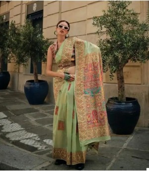 Olive Green Kashmiri Pashmina Modal Silk Handloom Multi Color Resham Weaved Saree