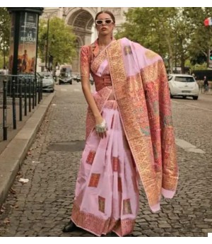 Pink Kashmiri Pashmina Modal Silk Handloom Multi Color Resham Weaved Saree