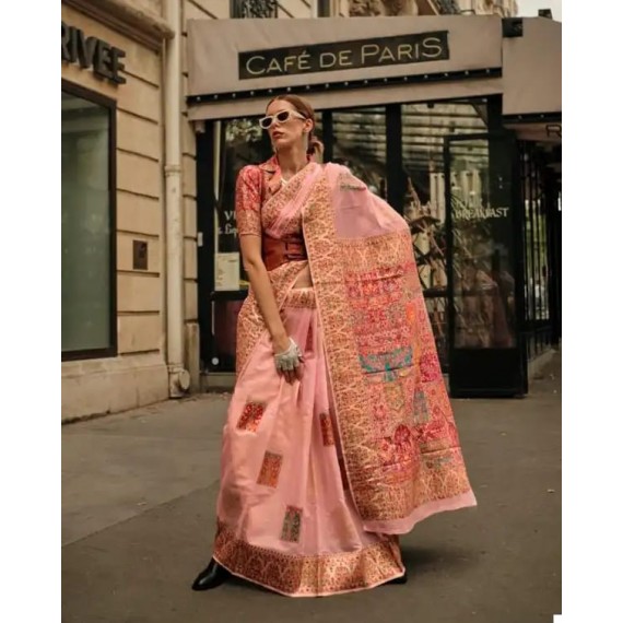 Peach Kashmiri Pashmina Modal Silk Handloom Multi Color Resham Weaved Saree