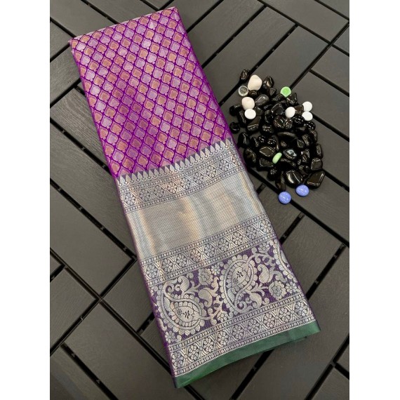 Purple Banarasi Silk All Over Copper Silver Zari Weaved Rich Body Pallu & Wide Venkatgiri Border Saree
