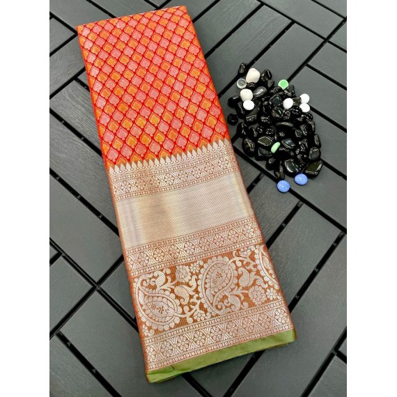 Orange Banarasi Silk All Over Copper Silver Zari Weaved Rich Body Pallu & Wide Venkatgiri Border Saree