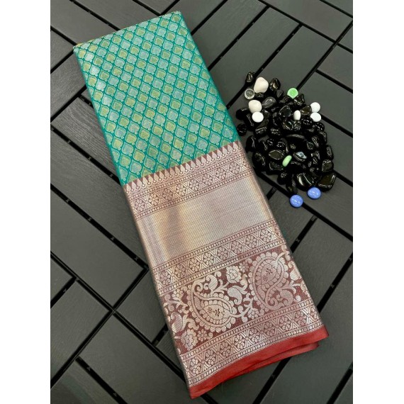 Sea Green Banarasi Silk All Over Copper Silver Zari Weaved Rich Body Pallu & Wide Venkatgiri Border Saree