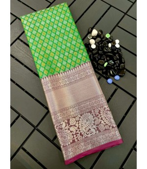 Lime Green Banarasi Silk All Over Copper Silver Zari Weaved Rich Body Pallu & Wide Venkatgiri Border Saree