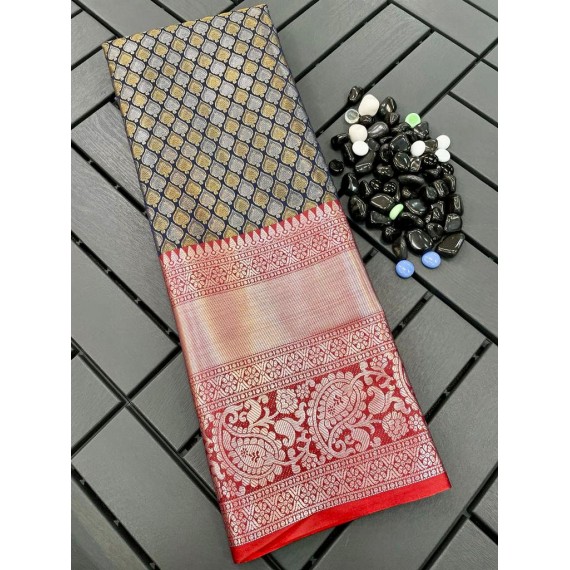 Gray Banarasi Silk All Over Copper Silver Zari Weaved Rich Body Pallu & Wide Venkatgiri Border Saree