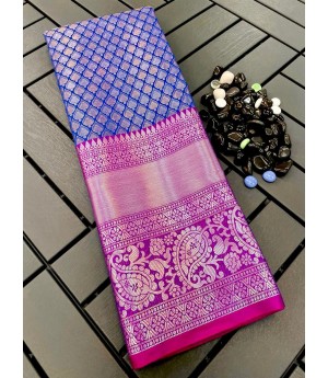Royal Blue Banarasi Silk All Over Copper Silver Zari Weaved Rich Body Pallu & Wide Venkatgiri Border Saree