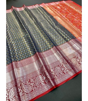 Gray Banarasi Silk All Over Copper Silver Zari Weaved Rich Body Pallu & Wide Venkatgiri Border Saree