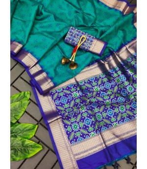 Teal Tussar Silk All Over Bandhani Weaving Patola Pallu With Zari Border Saree