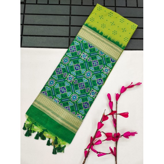 Green Tussar Silk All Over Bandhani Weaving Patola Pallu With Zari Border Saree