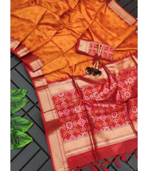 Orange Tussar Silk All Over Bandhani Weaving Patola Pallu With Zari Border Saree