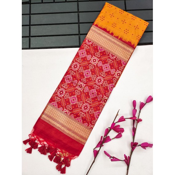 Orange Tussar Silk All Over Bandhani Weaving Patola Pallu With Zari Border Saree