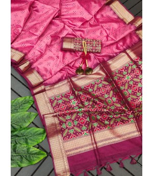Pink Tussar Silk All Over Bandhani Weaving Patola Pallu With Zari Border Saree