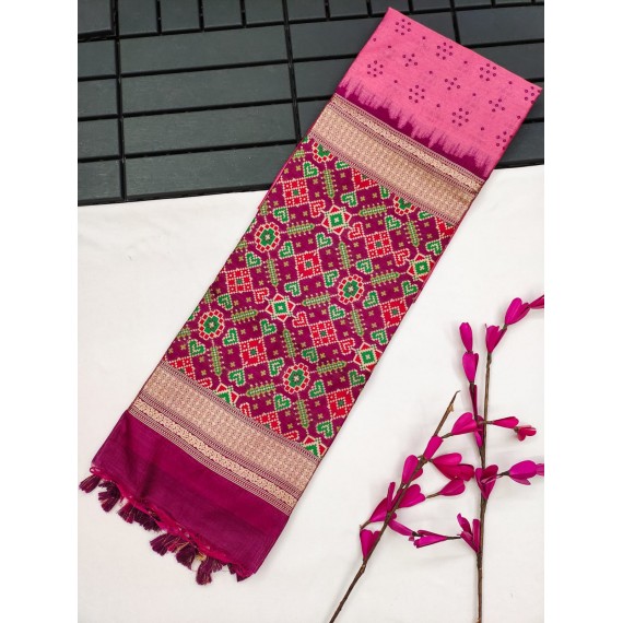 Pink Tussar Silk All Over Bandhani Weaving Patola Pallu With Zari Border Saree