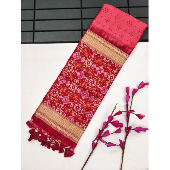 Reddish Red Tussar Silk All Over Bandhani Weaving Patola Pallu With Zari Border Saree