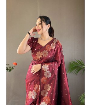 Wine Pure Banarasi Silk Dual Color Copper Gold Zari Floral Border Weaved Saree