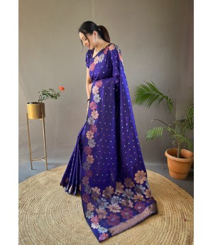 Royal Blue Pure Banarasi Silk Dual Color Copper Gold Zari Floral Border Weaved Saree