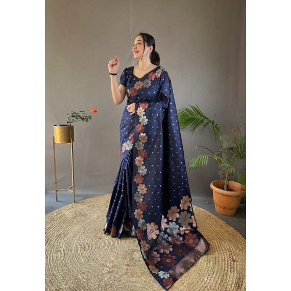 Navy Blue Pure Banarasi Silk Dual Color Copper Gold Zari Floral Border Weaved Saree