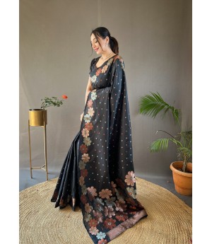 Black Pure Banarasi Silk Dual Color Copper Gold Zari Floral Border Weaved Saree