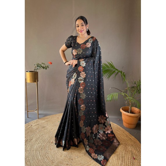 Black Pure Banarasi Silk Dual Color Copper Gold Zari Floral Border Weaved Saree