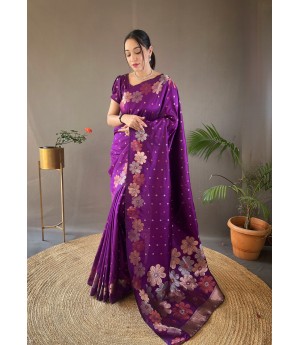 Purple Pure Banarasi Silk Dual Color Copper Gold Zari Floral Border Weaved Saree