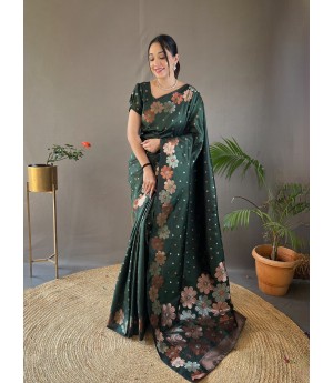 Green Pure Banarasi Silk Dual Color Copper Gold Zari Floral Border Weaved Saree