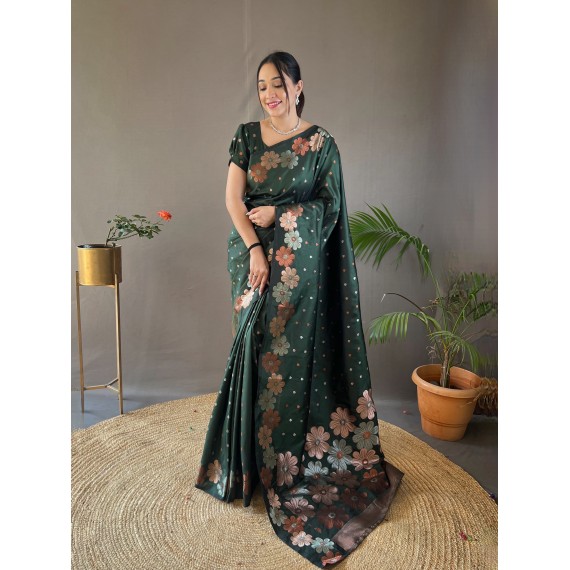 Green Pure Banarasi Silk Dual Color Copper Gold Zari Floral Border Weaved Saree