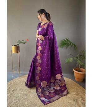 Purple Pure Banarasi Silk Dual Color Copper Gold Zari Floral Border Weaved Saree
