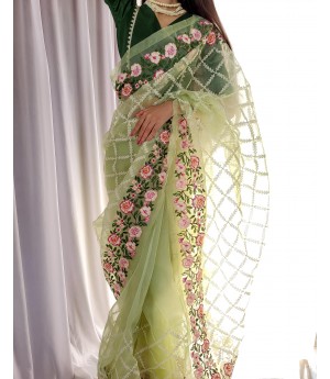 Olive Green Organza Silk All Over Floral Embroidery With Jaali Work Saree