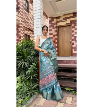 Teal Silk Kanjivaram All Over Digital Printed Body Rich Pallu With Zari Border Saree