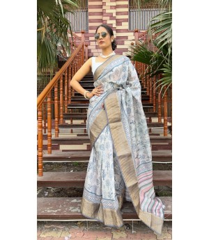 Light Gray Based Silk Kanjivaram All Over Digital Printed Body Rich Pallu With Zari Border Saree