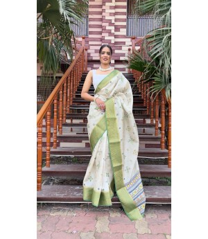 Green Based Silk Kanjivaram All Over Digital Printed Body Rich Pallu With Zari Border Saree