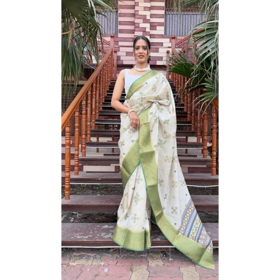 Green Based Silk Kanjivaram All Over Digital Printed Body Rich Pallu With Zari Border Saree