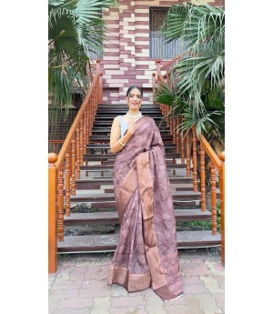 Light Coffee Silk Kanjivaram All Over Digital Printed Body Rich Pallu With Zari Border Saree