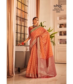 Light Orange Banarasi Silk All Over Lehariya Zari Weaved With Rich Pallu Border Saree