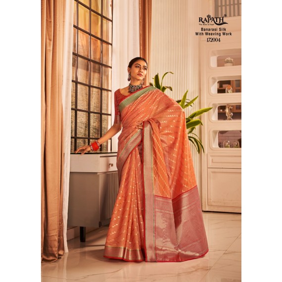 Light Orange Banarasi Silk All Over Lehariya Zari Weaved With Rich Pallu Border Saree