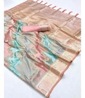 Peach Based Multicolor Banarasi Silk All Over Zari Weaved Body Rich Pallu & Border Saree