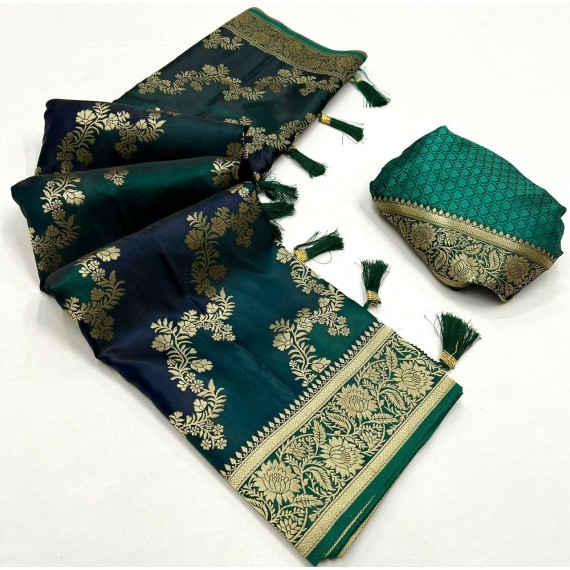 Bottle Green Based Multicolor Banarasi Silk All Over Zari Weaved Body Rich Pallu & Border Saree
