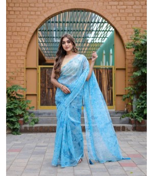 Sky Blue Pure Organza Silk Weaving With Antique Zari Sequence Work With Tassels Saree