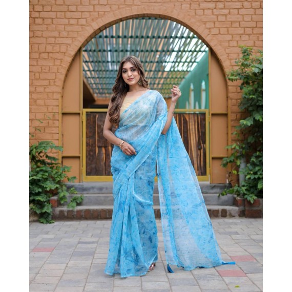 Sky Blue Pure Organza Silk Weaving With Antique Zari Sequence Work With Tassels Saree
