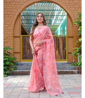 Pink Pure Organza Silk Weaving With Antique Zari Sequence Work With Tassels Saree